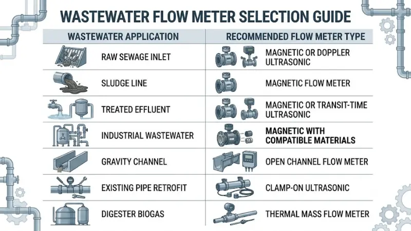 Wastewater flow meter application selection chart for raw sewage, sludge, treated effluent, industrial wastewater, gravity channels, retrofit pipes, and biogas. Wastewater flow meter application selection chart for raw sewage, sludge, treated effluent, industrial wastewater, gravity channels, retrofit pipes, and biogas.